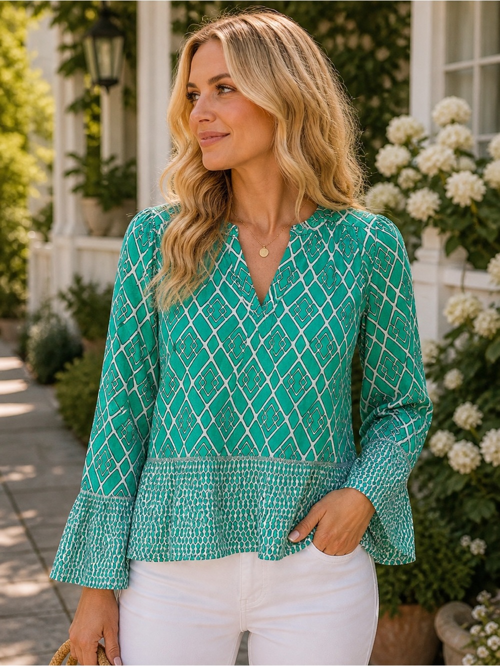 Crown & Ivy Green White Print Peplum Blouse Bell Sleeve Top Size L